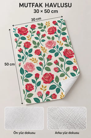 Valerine Life El Kurulama Havlusu 30x50cm Mutfak, Fırın için Pamuklu Emici Gül Esintisi