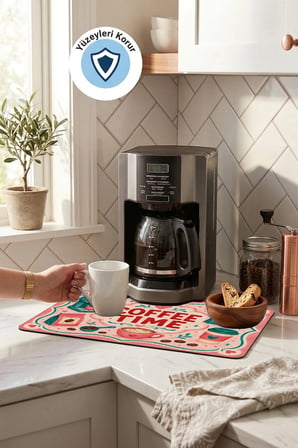 Valerine Life Kahve Espresso Makinesi Matı 35x45cm Çaycı Pad Su Geçirmez Turkuaz Coffee Time