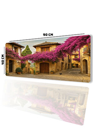 SonicTouch UltraGrand Leylak Çiçekli Taş Evler Xxl Gaming Oyuncu Mor Klavye Mouse Pad 40x90Cm