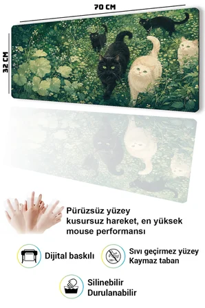 SonicTouch Klavye Mousepad 32x70cm Pürüzsüz Sıvı Geçirmez Kaymaz Taban Zümrüt Bahçenin Kedileri