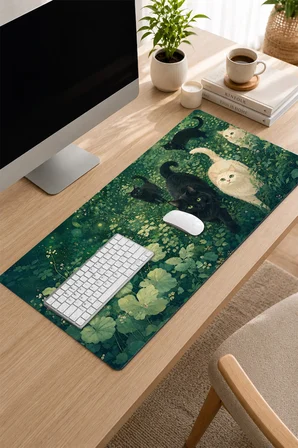 SonicTouch Klavye Mousepad 32x70cm Pürüzsüz Sıvı Geçirmez Kaymaz Taban Zümrüt Bahçenin Kedileri