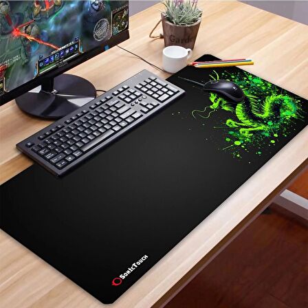 SonicTouch UltraGrand Siyah Neon Yeşili Ejder Dragon Dikişsiz Xxl Gaming Oyuncu Masaüstü Klavye Mouse Pad 40x90Cm