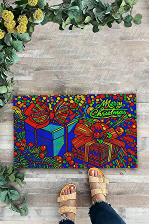 Valerine Life Merry Christmas Yılbaşı Hediye Kutulu Welcome Hoş Geldiniz Kapı Önü Paspası 45x70cm