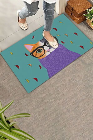 Valerine Life Aristokrat Kedi Yeşil Renkli Welcome Hoş Geldiniz Kapı Önü Paspası 45x70cm