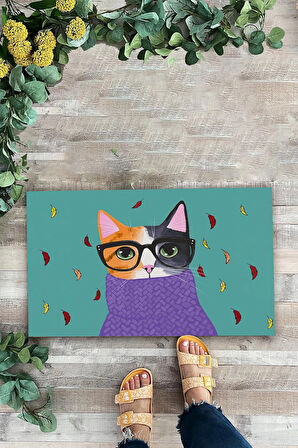 Valerine Life Aristokrat Kedi Yeşil Renkli Welcome Hoş Geldiniz Kapı Önü Paspası 45x70cm