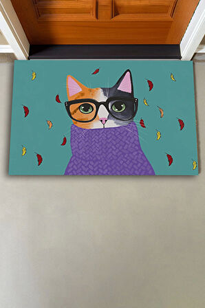 Valerine Life Aristokrat Kedi Yeşil Renkli Welcome Hoş Geldiniz Kapı Önü Paspası 45x70cm