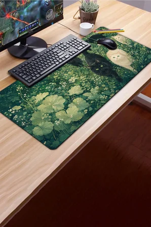 SonicTouch Klavye Mousepad 40x90cm Pürüzsüz Sıvı Geçirmez Kaymaz Taban Zümrüt Bahçenin Kedileri