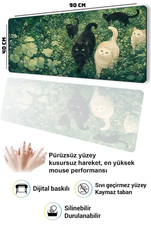 SonicTouch Klavye Mousepad 40x90cm Pürüzsüz Sıvı Geçirmez Kaymaz Taban Zümrüt Bahçenin Kedileri