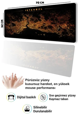 SonicTouch Klavye Mousepad 32x70cm Pürüzsüz Sıvı Geçirmez Kaymaz Taban istanbul Gece Haritası