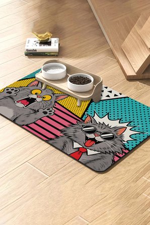 MAtGo Pati Kedi Köpek Beslenme Matı 50x70cm Su Geçirmez Mama Kabı Altlığı Paspası Kedi Pop Art