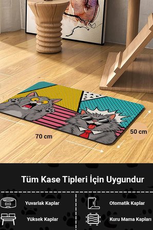MAtGo Pati Kedi Köpek Beslenme Matı 50x70cm Su Geçirmez Mama Kabı Altlığı Paspası Kedi Pop Art