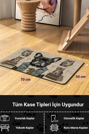 MAtGo Pati Kedi Köpek Beslenme Matı 50x70cm Su Geçirmez Mama Kabı Paspası Retro Hayvan Akademisi