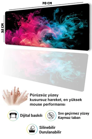SonicTouch Klavye Mousepad 32x70cm Dikişsiz Pürüzsüz Sıvı Geçirmez Kaymaz Taban Neon Duman Dansı