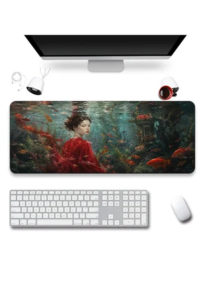 SonicTouch Klavye Mousepad 40x90cm Dikişsiz Pürüzsüz Sıvı Geçirmez Kaymaz Taban Kızıl Akvaryum
