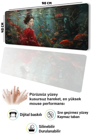 SonicTouch Klavye Mousepad 40x90cm Dikişsiz Pürüzsüz Sıvı Geçirmez Kaymaz Taban Kızıl Akvaryum
