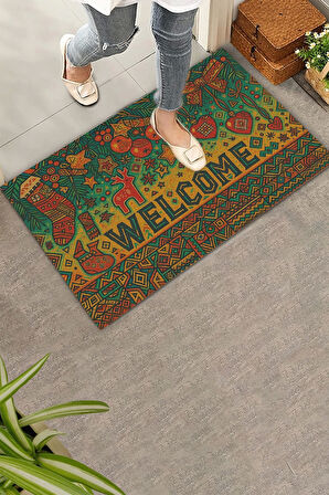 Valerine Life Geometrik Yılbaşı Noel Temalı Welcome Hoş Geldiniz Kapı Önü Paspası 45x70cm