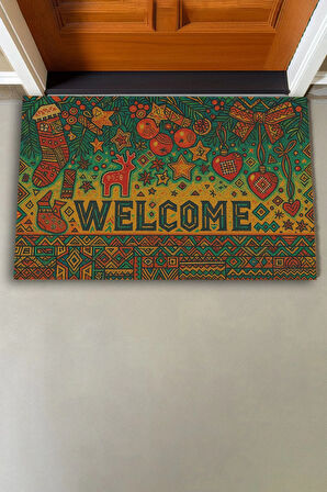 Valerine Life Geometrik Yılbaşı Noel Temalı Welcome Hoş Geldiniz Kapı Önü Paspası 45x70cm