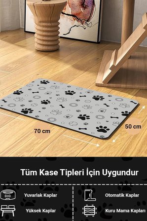 MAtGo Pati Kedi Köpek Beslenme Matı 50x70cm Su Geçirmez Mama Kabı Altlığı Paspas Siyah Beyaz Patiler