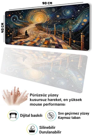 SonicTouch Klavye Mousepad 40x90cm Dikişsiz Pürüzsüz Sıvı Geçirmez Kaymaz Taban Kozmik Mozaik Yol
