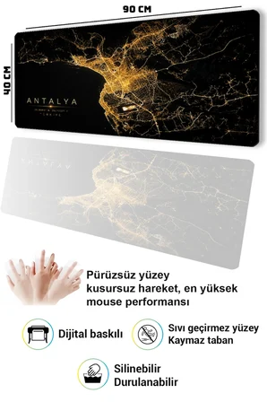 SonicTouch Klavye Mousepad 40x90cm Pürüzsüz Sıvı Geçirmez Kaymaz Taban Antalya Gece Haritası