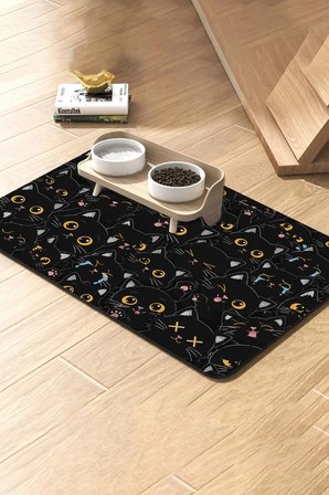 MAtGo Pati Kedi Köpek Beslenme Matı 50x70cm Su Geçirmez Mama Kabı Altı Paspası Kara Kedi Curcunası