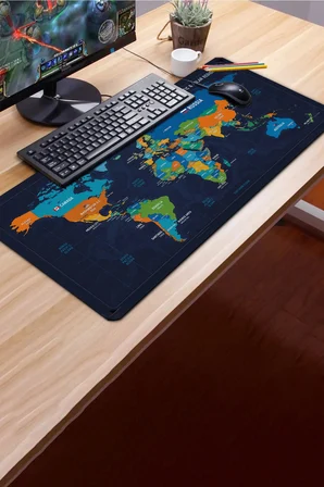 SonicTouch Klavye Mousepad 40x90cm Pürüzsüz Sıvı Geçirmez Kaymaz Taban Renkli Dünya Haritası