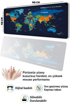 SonicTouch Klavye Mousepad 40x90cm Pürüzsüz Sıvı Geçirmez Kaymaz Taban Renkli Dünya Haritası