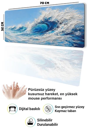 SonicTouch Klavye Mousepad 32x70cm Dikişsiz Pürüzsüz Sıvı Geçirmez Kaymaz Taban Turkuaz Dalgalar