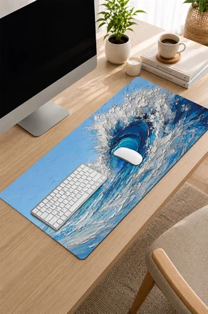 SonicTouch Klavye Mousepad 32x70cm Dikişsiz Pürüzsüz Sıvı Geçirmez Kaymaz Taban Turkuaz Dalgalar