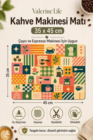 Valerine Life Kahve Espresso Makinesi Matı 35x45cm Çaycı Pad Su Geçirmez Café Patchwork