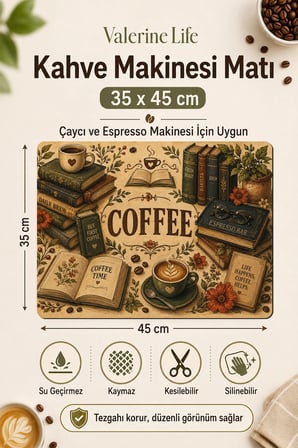Valerine Life Kahve Espresso Makinesi Matı 35x45cm Çaycı Pad Su Geçirmez Chrysanthemum Coffee