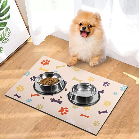 MAtGo Pati Renkli Kemikler Beslenme Matı Kaymaz Sıvı Geçirmez Kedi Köpek Mama Paspası 50x70cm