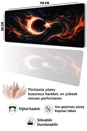 SonicTouch Klavye Mousepad 32x70cm Dikişsiz Pürüzsüz Sıvı Geçirmez Kaymaz Taban Alev Hilali