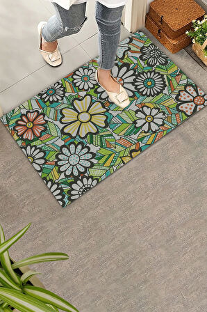 Valerine Life Çiçeksenfoni Temalı Yeşil Renk Welcome Hoş Geldiniz Kapı Önü Paspası 45x70cm