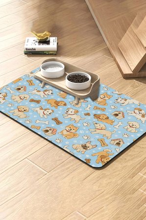 MAtGo Pati Kedi Köpek Beslenme Matı 50x70cm Su Geçirmez Mama Kabı Altlığı Paspası Mavi Pati Bahçesi