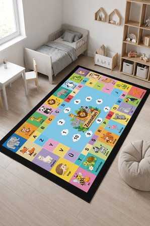 SonicTouch Çocuk Oyun Halısı Türkçe Eğitici Hayvanlar Alfabeli Halı Kaymaz Dijital Baskı 70x120cm