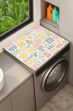 Valerine Life Çamaşır Kurutma Makinesi Üstü Düzenleyici Matı Sıvı Geçirmez Örtü Pastel Kareler