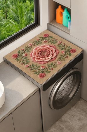 Valerine Life Çamaşır Kurutma Makinesi Üstü Düzenleyici Matı Sıvı Geçirmez Örtü Nakışlı Gül Bej