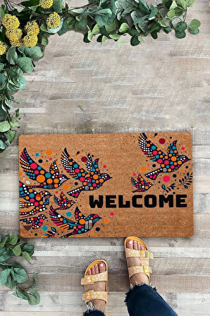 Valerine Life Damla Desenli Kuşlar Hoş Geldiniz Kapı Önü Paspası 45x70cm