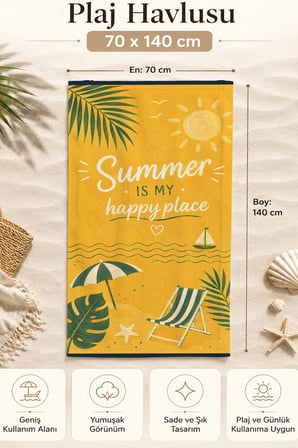 Valerine Life Plaj Havlusu 70x140cm Havuz Spa Sauna Spor Pamuklu Emici Summer Happy Place