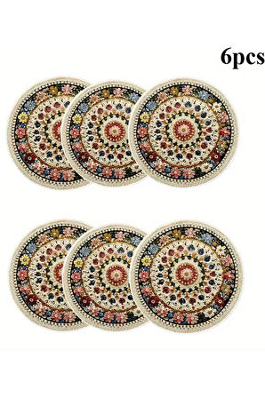 Valerine Life 6’lı Yuvarlak Amerikan Servis Altlığı 35x35cm Restoran Ev Yıkanabilir Kaymaz Çiçekli