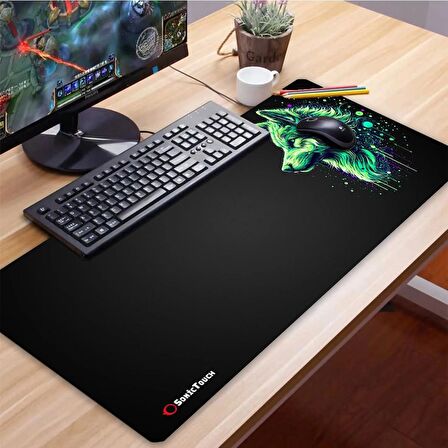 SonicTouch UltraGrand Siyah ve Neon Yeşili Kurt Dikişsiz Xxl Gaming Oyuncu Masaüstü Klavye Mouse Pad 40x90Cm