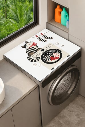 Valerine Life Çamaşır Kurutma Makinesi Üstü Düzenleyici Matı Sıvı Geçirmez Örtü Çizgili Kedi
