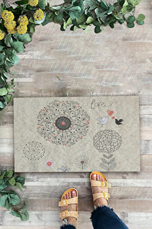 Valerine Life Dilek Otlu Papatya ve Kuşlar Krem Rengi Welcome Hoş Geldiniz Kapı Önü Paspası 45x70cm