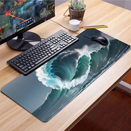 SonicTouch Dalgaların İhtişamı Ay Yıldızlı Kaymaz Gaming Oyuncu Masaüstü Dikişsiz Klavye Mouse Pad 32x70Cm