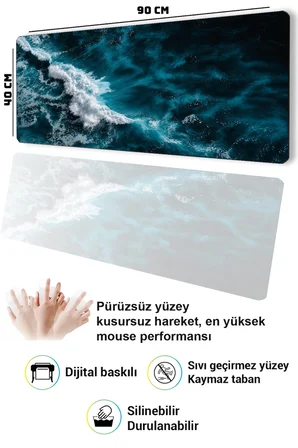 SonicTouch Klavye Mousepad 40x90cm Dikişsiz Pürüzsüz Sıvı Geçirmez Kaymaz Taban Mavi Derinlik