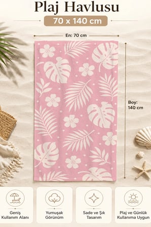 Valerine Life Plaj Havlusu 70x140cm Havuz Spa Sauna Spor Pamuklu Emici Pembe Tropik Çiçek