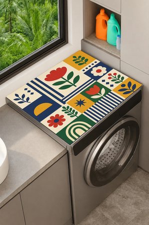 Valerine Life Çamaşır Kurutma Makinesi Üstü Düzenleyici Matı Sıvı Geçirmez Örtü Akdeniz Bahçesi
