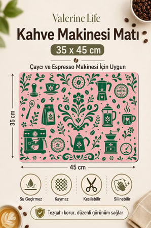 Valerine Life Kahve Espresso Makinesi Matı 35x45cm Çaycı Pad Su Geçirmez Botanik Dem