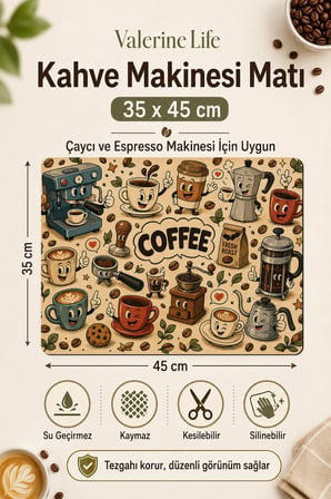 Valerine Life Kahve Espresso Makinesi Matı 35x45cm Çaycı Pad Su Geçirmez Coffee Toons